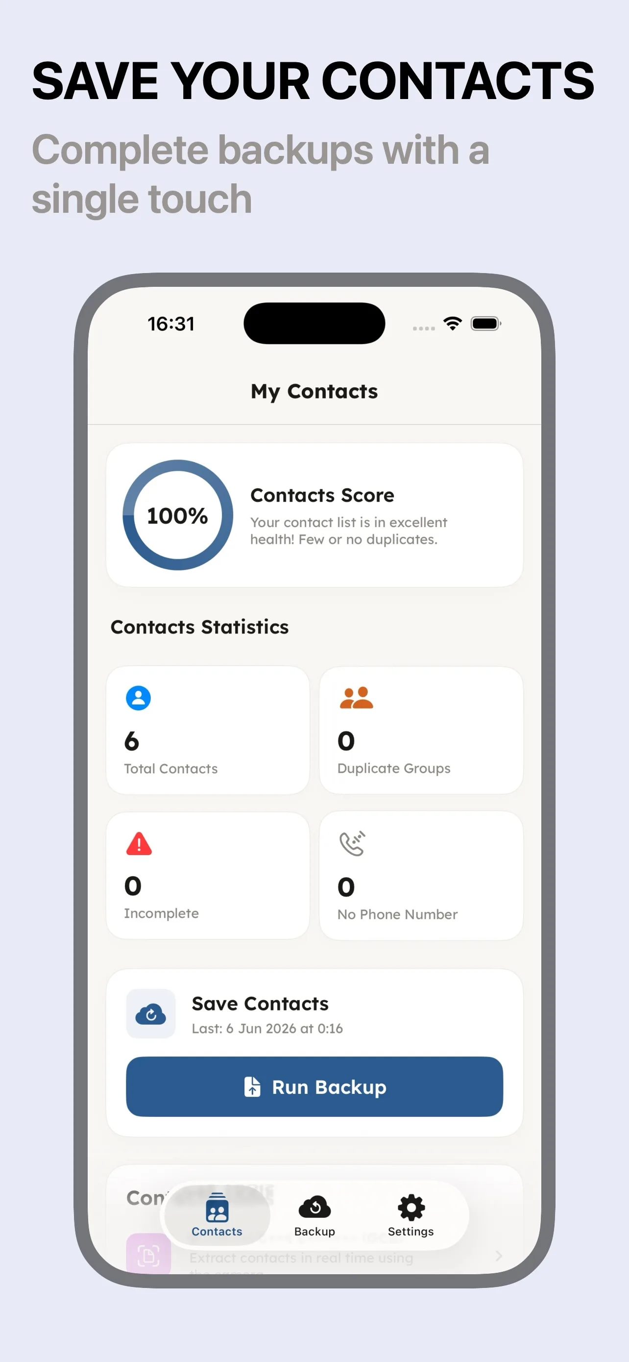 Contacts Backup dashboard with contacts score and statistics