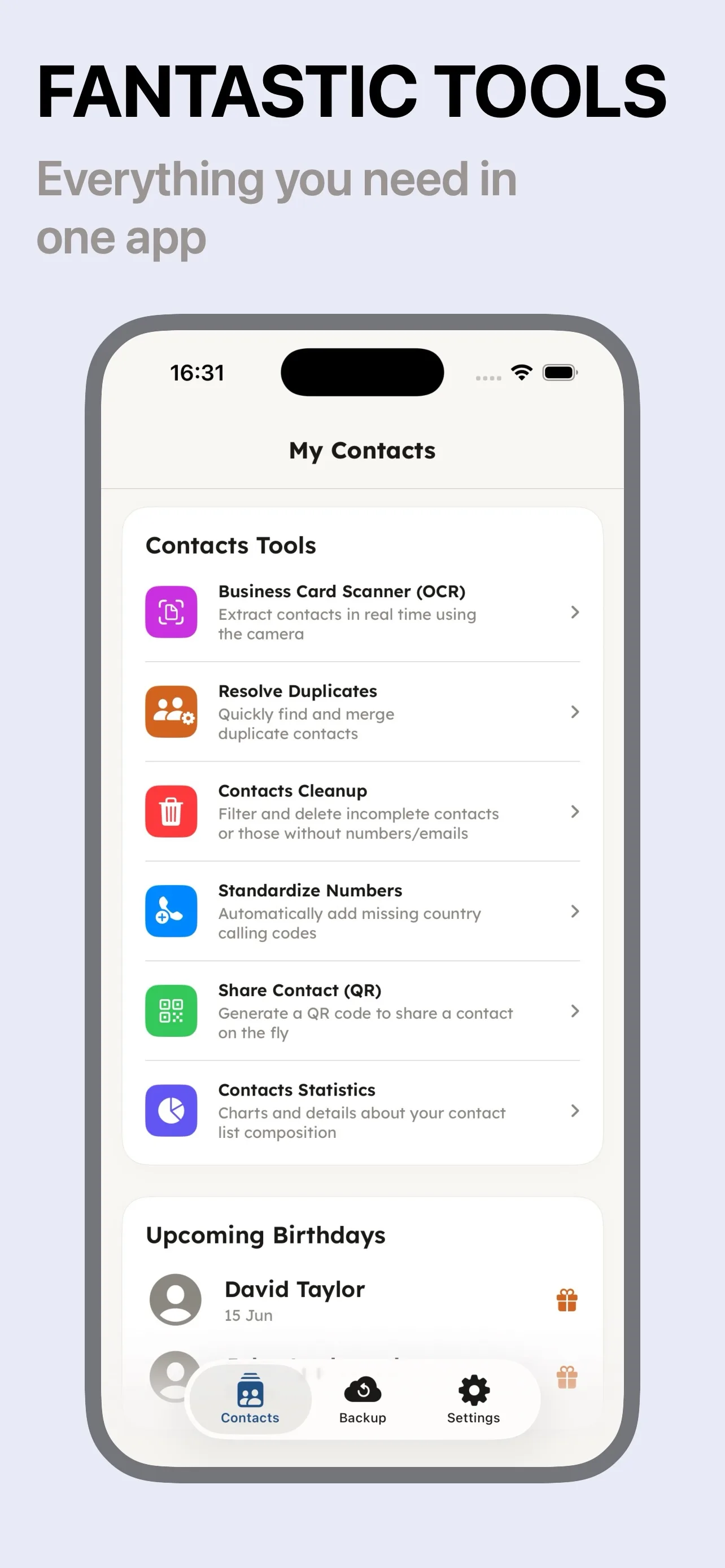 Contacts Backup tools and upcoming birthdays