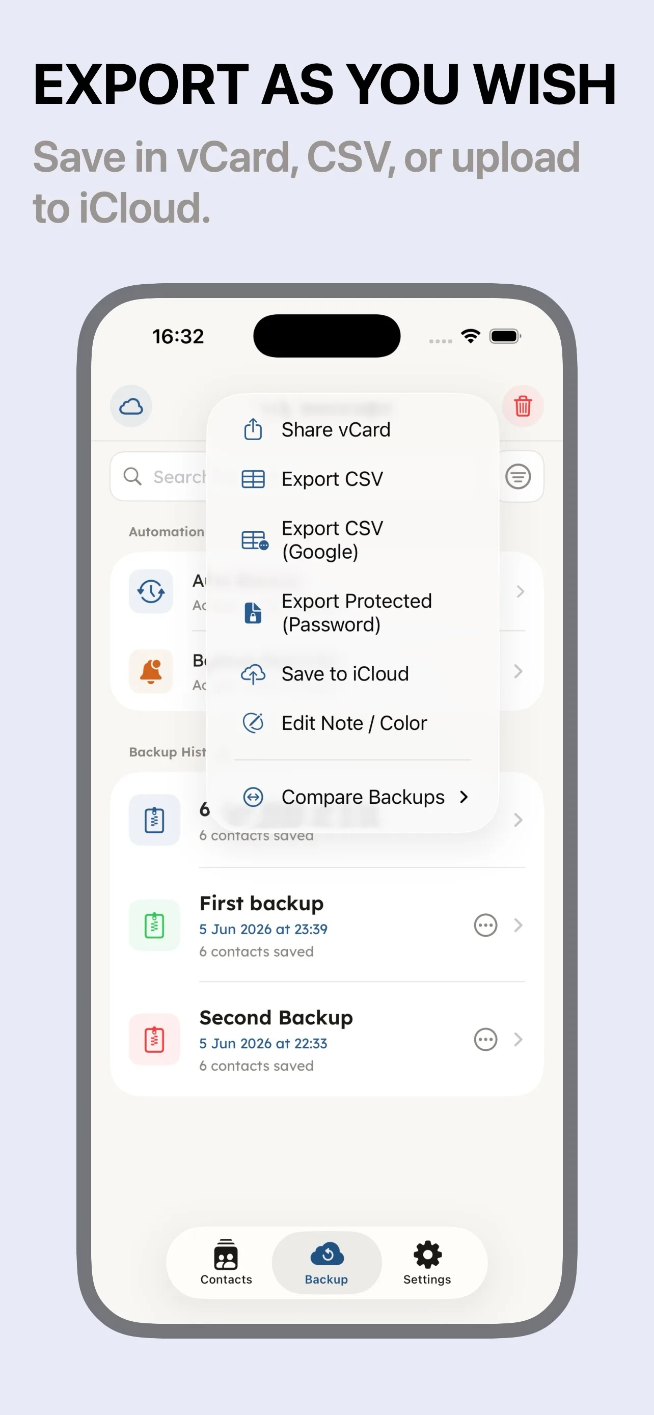 Export options including CSV and iCloud