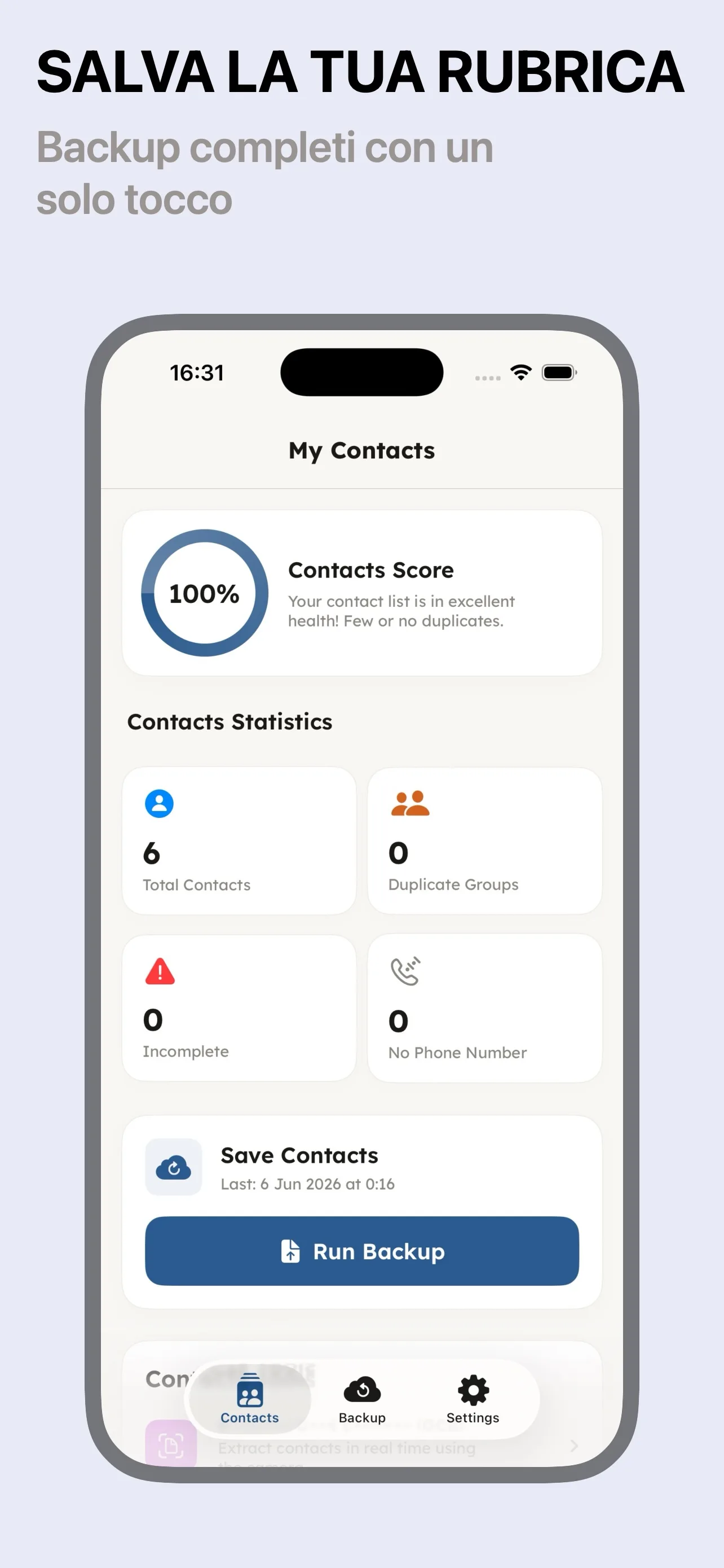 Dashboard di Contacts Backup con punteggio rubrica e statistiche