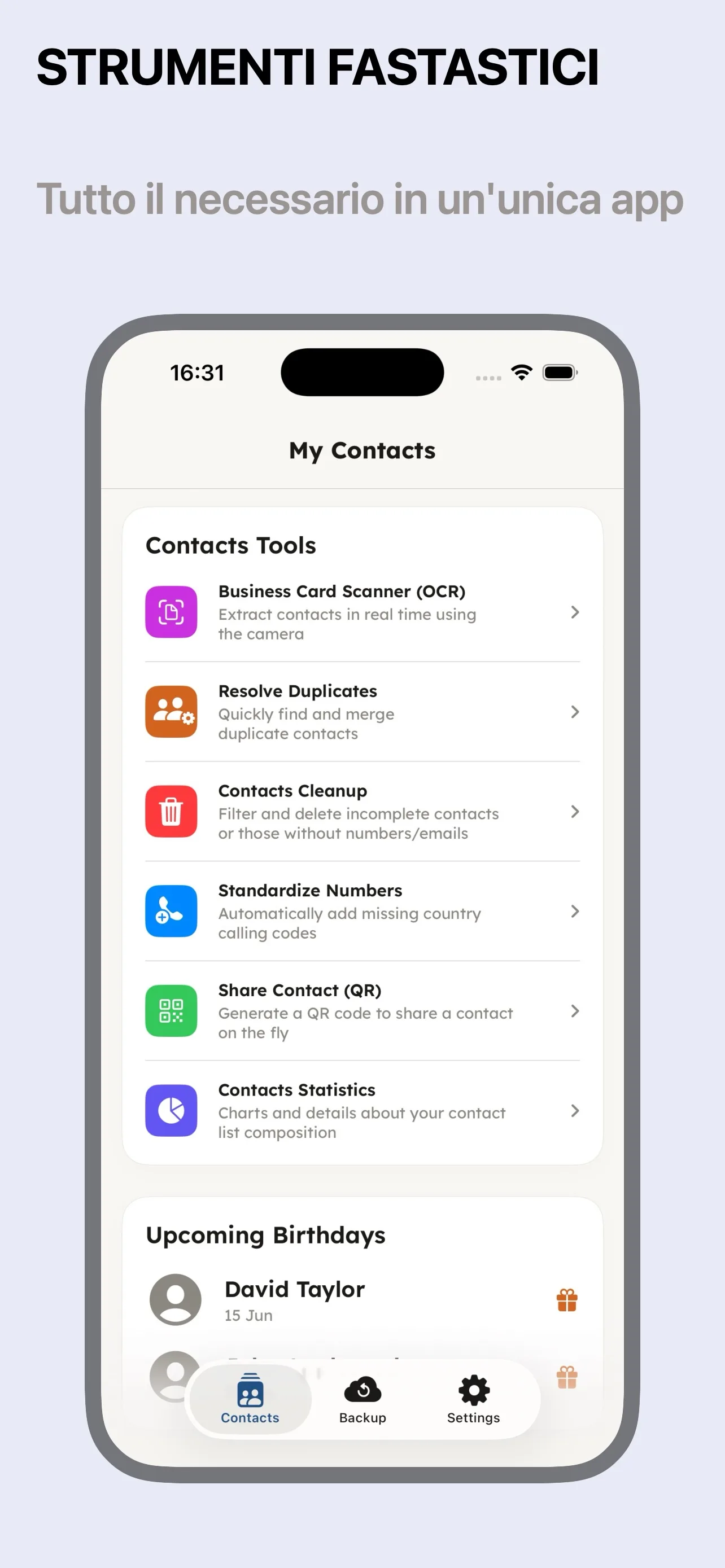 Strumenti di Contacts Backup e compleanni in arrivo
