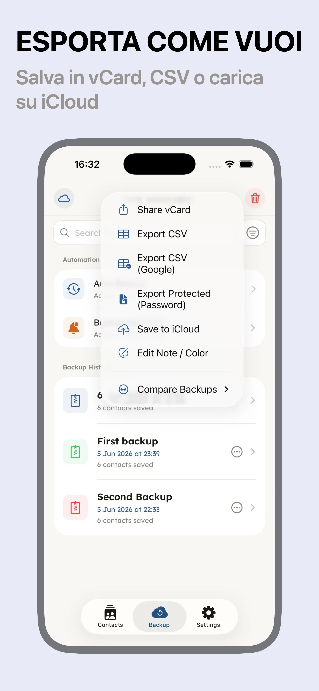 Opzioni di esportazione tra cui CSV e iCloud